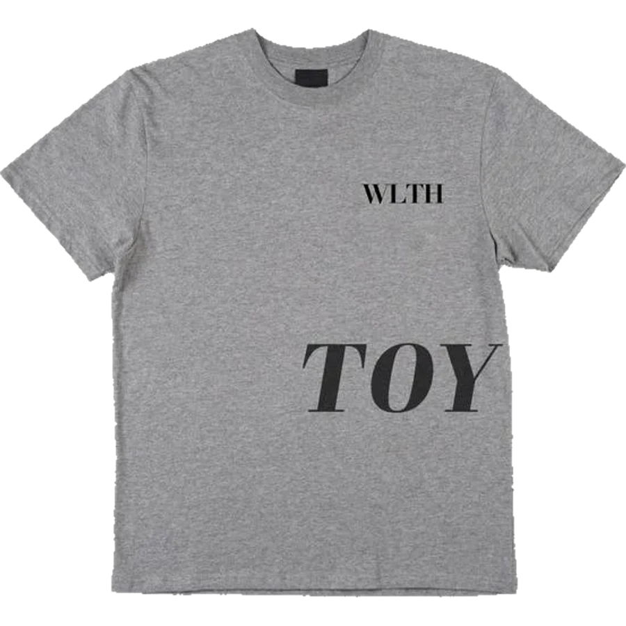 Toy Drive Tee in heather grey, front: WLTH on the chest and TOY across the hem